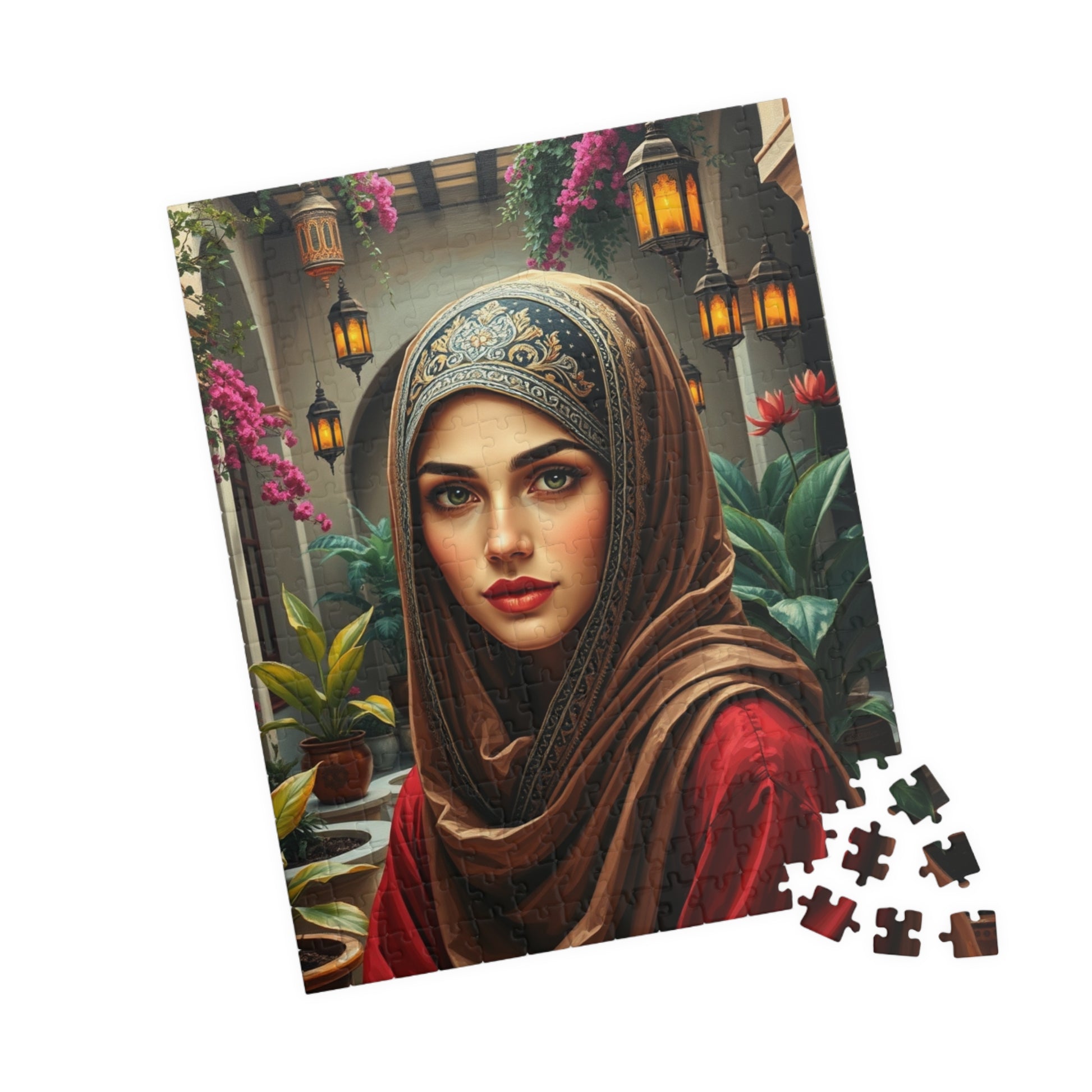 Middle Eastern Cultural Art Jigsaw Puzzle, Woman in Hijab Courtyard Scene, Hanging Lanterns Vibrant Plants, Puzzle Enthusiast Art Lover Gift Puzzle The Puzzle Chest