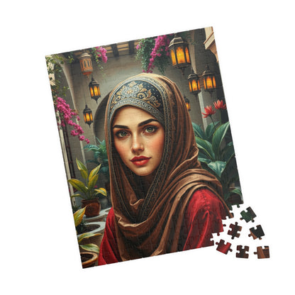 Middle Eastern Cultural Art Jigsaw Puzzle, Woman in Hijab Courtyard Scene, Hanging Lanterns Vibrant Plants, Puzzle Enthusiast Art Lover Gift Puzzle The Puzzle Chest