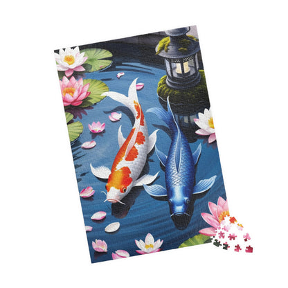 Jigsaw Puzzle, Tranquil Koi Fish Pond Design, 110 252 520 1014-piece, Cherry Blossom Lotus Flowers, Mindfulness Activity, Wall Art Decor,