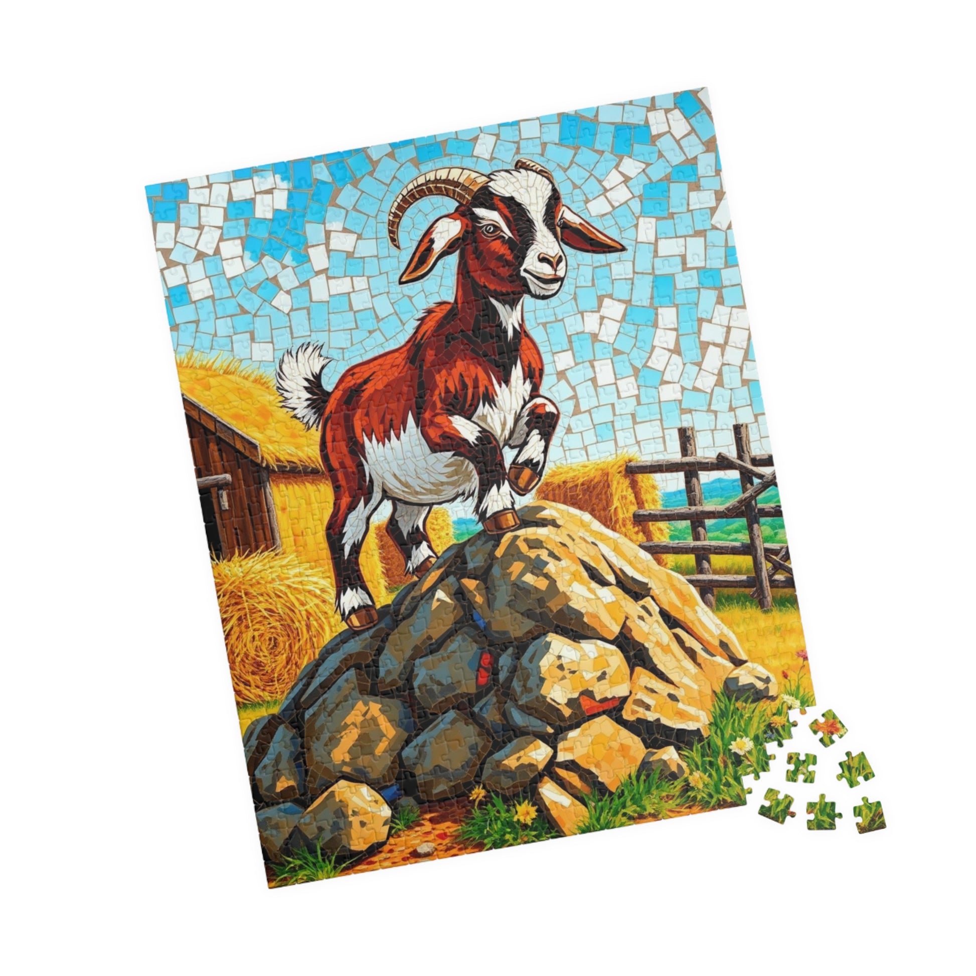 Playful Goat Mosaic Puzzle, Goat on Rocky Hill, Sunny Farm Scene Jigsaw Game for Adults, Family Activity, Mindful Puzzle Lover Gift Puzzle The Puzzle Chest
