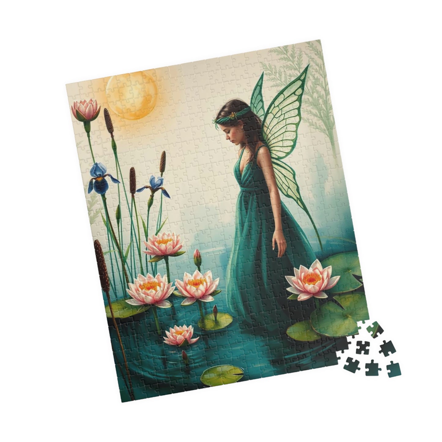 Fairy at the Lily Pond Jigsaw Puzzle - Botanical Fantasy Art in Soft Sage, 110-1014 Piece Mystical Nature Lover Gift, Family Fun Activity