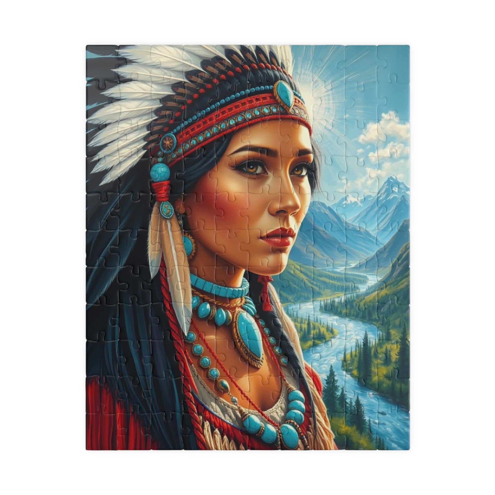 Puzzle, Indigenous Bride with Dark Eyes and Tan Skin, Buckskin Dress, Turquoise Necklace, Feather Headdress Natural Landscape, Mountains, 110 pcs (Vertical) Puzzle The Puzzle Chest