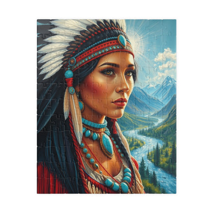 Puzzle, Indigenous Bride with Dark Eyes and Tan Skin, Buckskin Dress, Turquoise Necklace, Feather Headdress Natural Landscape, Mountains, 110 pcs (Vertical) Puzzle The Puzzle Chest
