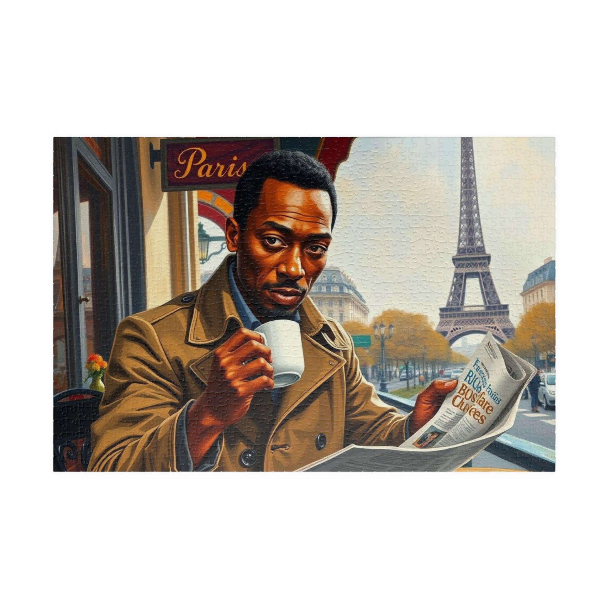 Parisian Café Puzzle - Black Man Reading a Newspaper | Relaxing Jigsaw Game, Puzzle Lover Gift for Friends, Home Entertainment, Family Fun 1014 pcs (Horizontal) Puzzle The Puzzle Chest