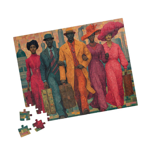 Afrocentric Black Art Puzzle - Migration, Family Strength & City Landscape Scene, Vintage Art for Puzzle Lover 110 pcs (Horizontal) Puzzle The Puzzle Chest