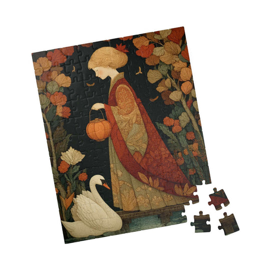 Autumn Bridge Jigsaw Puzzle – Whimsical Fall Fairy-Tale Puzzle for Adults, Girl with Lantern and Swan 110 pcs (Vertical) Puzzle The Puzzle Chest