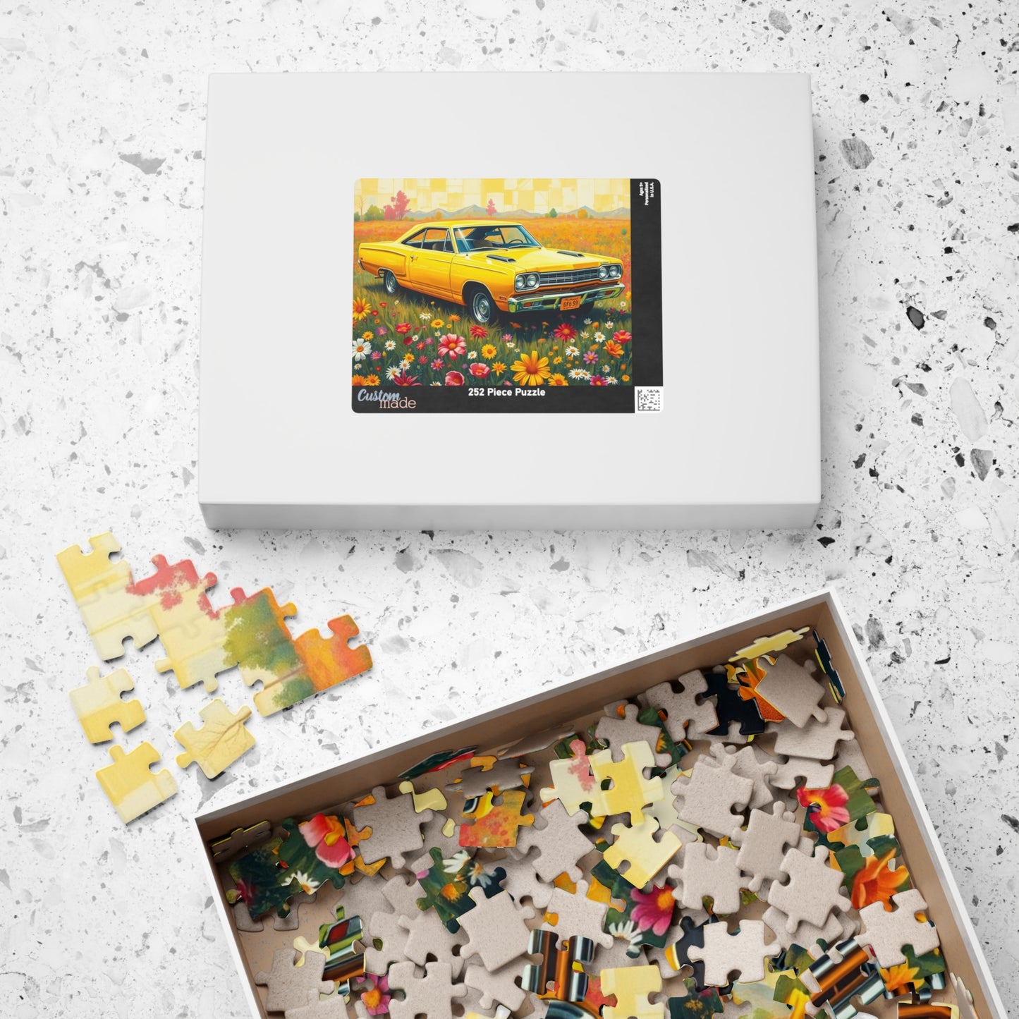 Vintage Car Puzzle Classic Yellow 1969 Plymouth Road Runner, Nostalgic Auto Jigsaw Game for Adults, Gift for Car Lover, Family Game Night