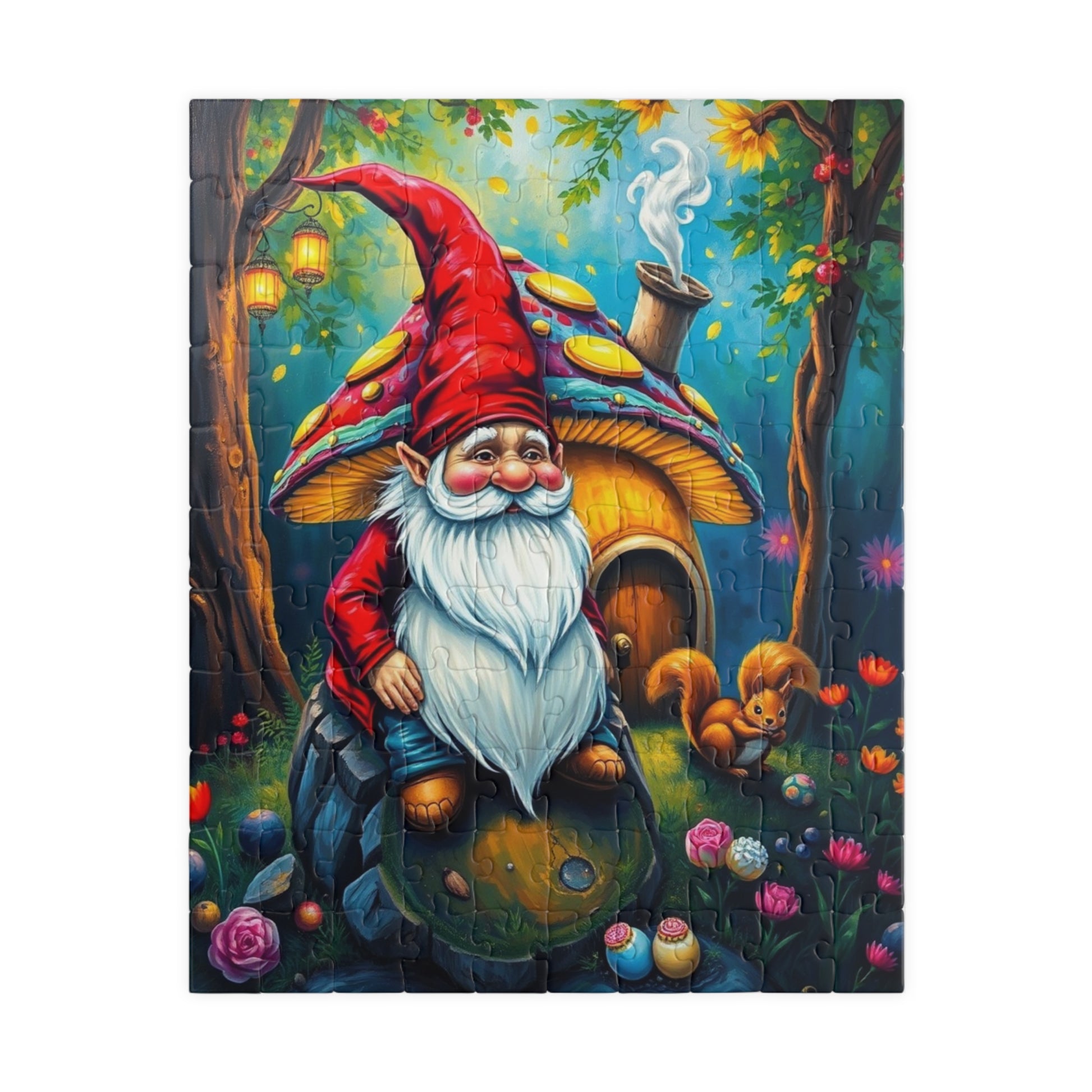 Mystical Gnome Jigsaw Puzzle, Enchanted Woodland Scene with Squirrel and Lanterns, Jigsaw Game for Adults, Entertaining Pastime 110 pcs (Vertical) Puzzle The Puzzle Chest