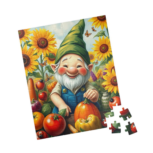 Enchanting Gnome Gardening Puzzle, Fantasy Scene Oversized Vegetables Sunflowers and Butterflies, Ideal Gift for Puzzle Lovers and Gardeners 110 pcs (Vertical) Puzzle The Puzzle Chest