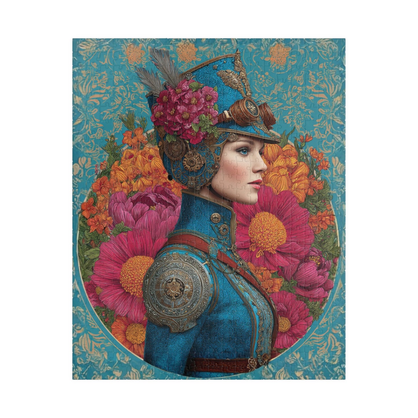 Colorful Female Portrait with Floral and Gear Elements - Unique Steampunk Art Jigsaw Puzzle Puzzle The Puzzle Chest