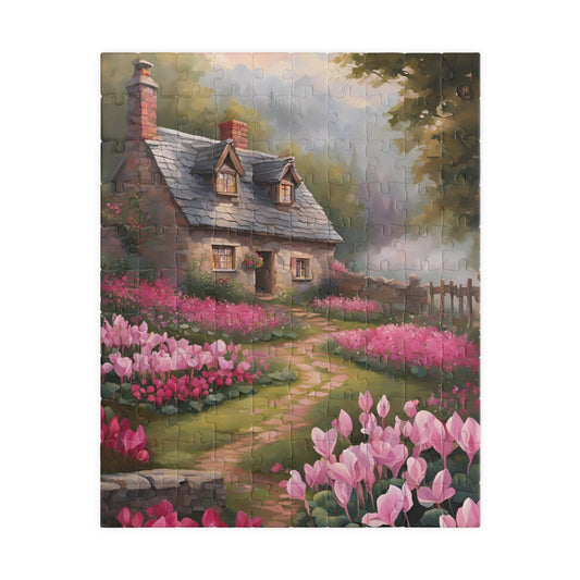Enchanted Stone Cottage Puzzle, Thatched Roof Home Blooming Cyclamen Meadow, Idyllic Countryside Pink Purple Floral Landscape Game, Giftable 110 pcs (Vertical) Puzzle The Puzzle Chest