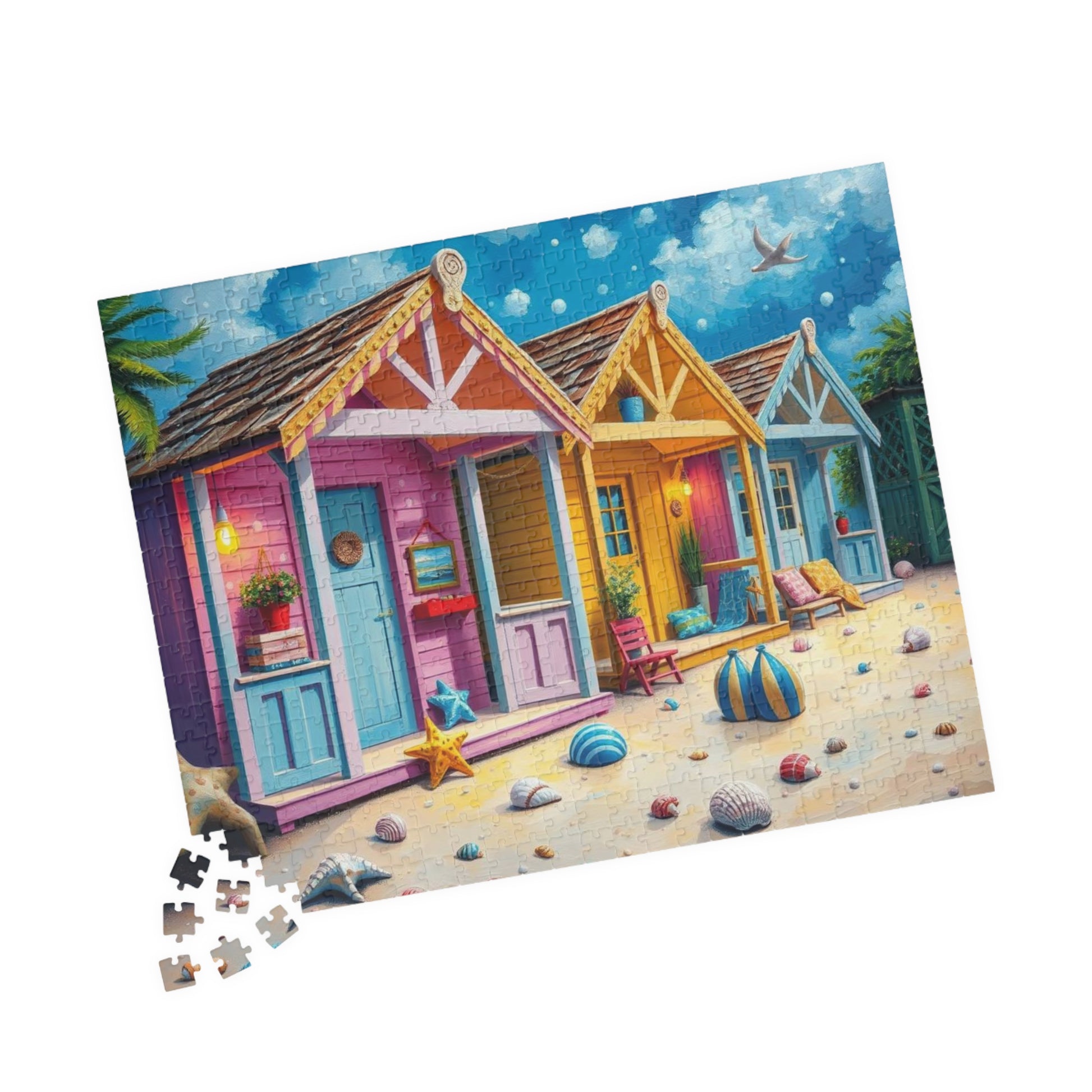 Beach Puzzle with Pastel Huts, Coastal Jigsaw Puzzle for Adult, 110-1014 Pieces Seaside Puzzle Fun Family Game, Friend Gift for Puzzle Lover Puzzle The Puzzle Chest