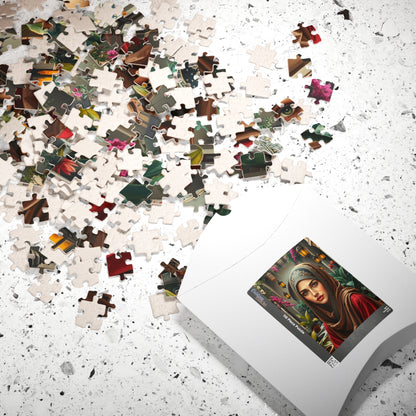 Middle Eastern Cultural Art Jigsaw Puzzle, Woman in Hijab Courtyard Scene, Hanging Lanterns Vibrant Plants, Puzzle Enthusiast Art Lover Gift Puzzle The Puzzle Chest