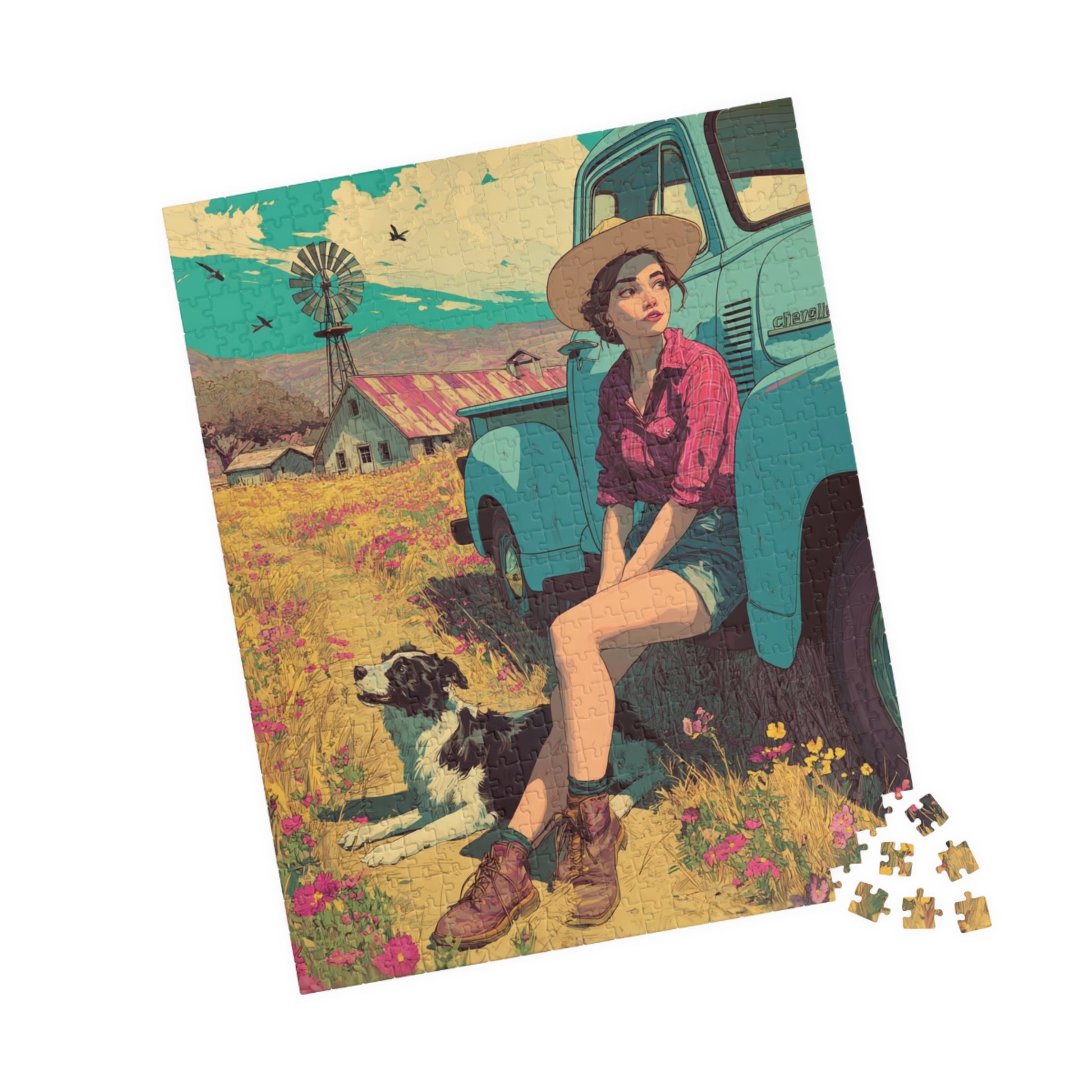 Vintage Farm Life Jigsaw Puzzle – 1950s Girl and Border Collie by Classic Truck, Retro Countryside 520 pcs (Vertical) Puzzle The Puzzle Chest