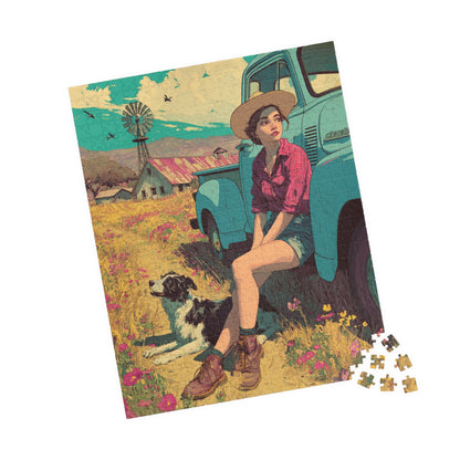 Vintage Farm Life Jigsaw Puzzle – 1950s Girl and Border Collie by Classic Truck, Retro Countryside 520 pcs (Vertical) Puzzle The Puzzle Chest