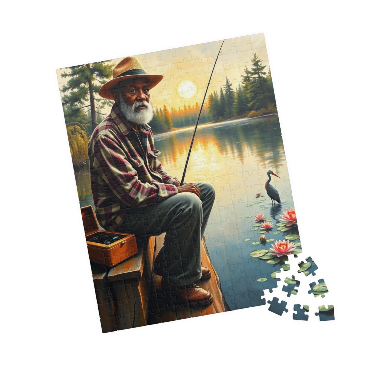 Fishing Scene Jigsaw Puzzle - African American Man, Nature Lover Afrocentric Black Art Gift, Creative Hobby, Family Fun, Father's Day Puzzle The Puzzle Chest