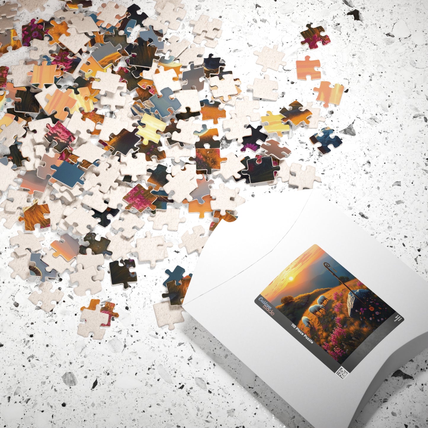 Peaceful Pastoral Sunset Puzzle, Religious Themed Jigsaw Game, Nature-Inspired Serene Landscape with Sheep Grazing on a Wildflower Hill Puzzle The Puzzle Chest