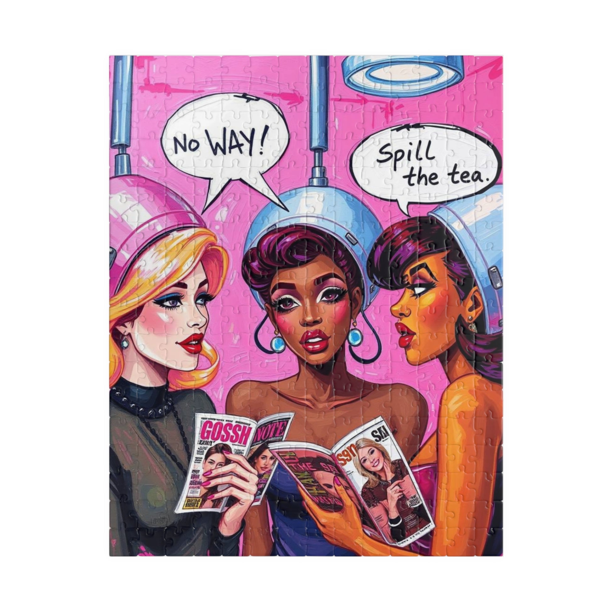 Pink Hair Salon Puzzle, Pop Art Jigsaw Game with Speech Bubbles, No WAY, Spill The Tea, Mind Challenge, Creative Activity, Family Fun 252 pcs (Vertical) Puzzle The Puzzle Chest