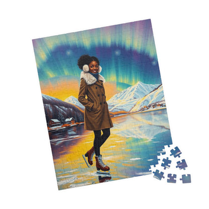 Aurora Borealis Puzzle - Black Woman Portrait, Cozy Afrocentric Winter Vibes, Ice Skating Scene, Family Fun, Gift for Puzzle Lover, Holidays