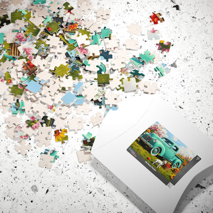 Vintage Teal Pickup Truck Puzzle — Spring Lamb & Flower Farm Jigsaw (110–1014 pcs) Puzzle The Puzzle Chest