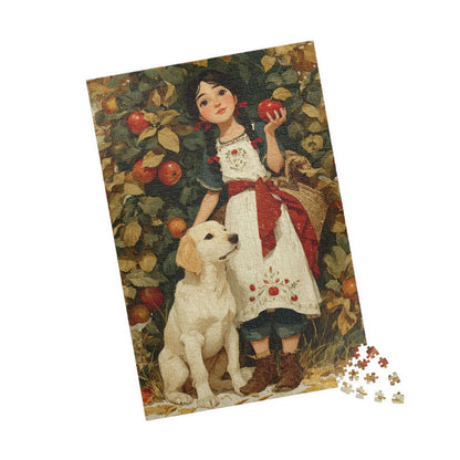 Autumn Orchard Jigsaw Puzzle - Brunette Girl and Dog, Apple Picking Game for Family Night or Solo Fun, Gift, Brain Teaser 1014 pcs (Vertical) Puzzle The Puzzle Chest