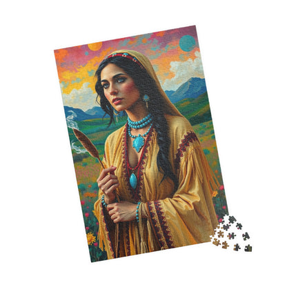 Spiritual Indigenous Bride Puzzle with Turquoise Jewelry and Smudge Stick, Colorful Landscape Wedding Jigsaw Game, Unique Puzzle Lover Gift Puzzle The Puzzle Chest