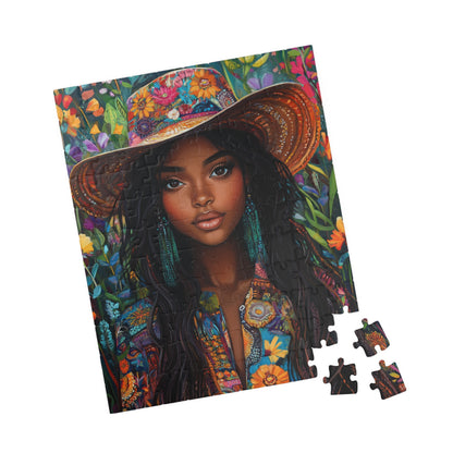 Boho Floral Portrait Puzzle 110-1014 Piece | African American Sunhat Woman Jigsaw