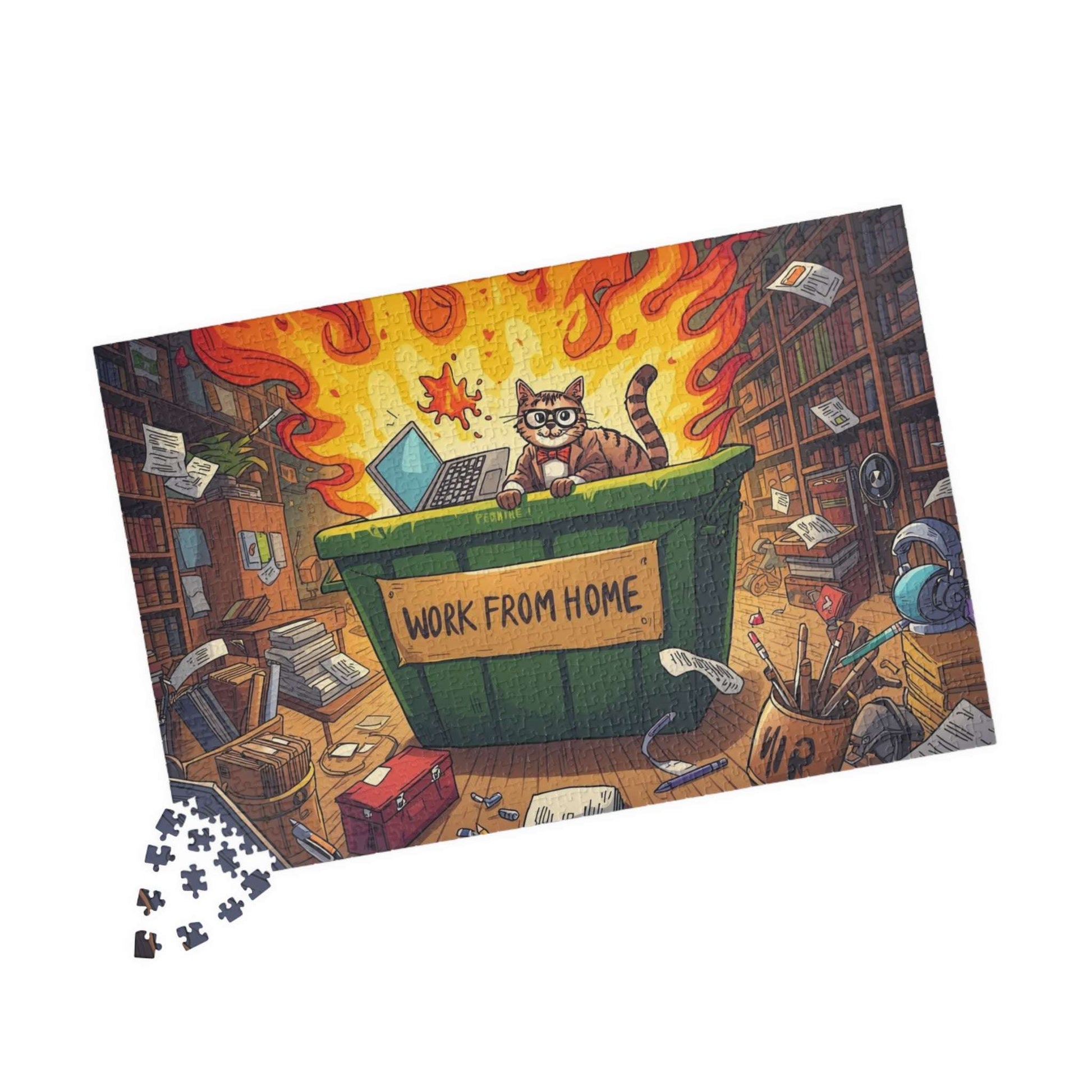 Funny Work From Home Jigsaw Puzzle - Cat Themed Dumpster Fire Meme, Humorous Holiday Birthday Gift for Friends, Family, Co-workers 1014 pcs (Horizontal) Puzzle The Puzzle Chest
