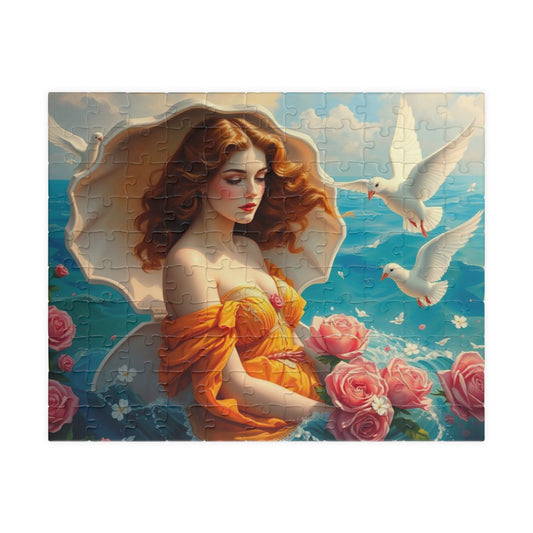 Aphrodite Jigsaw Puzzle Featuring Seashells Doves and Roses, Gift for Art Lovers, Relaxing Activity, Home Entertainment, Birthday Present 110 pcs (Horizontal) Puzzle The Puzzle Chest