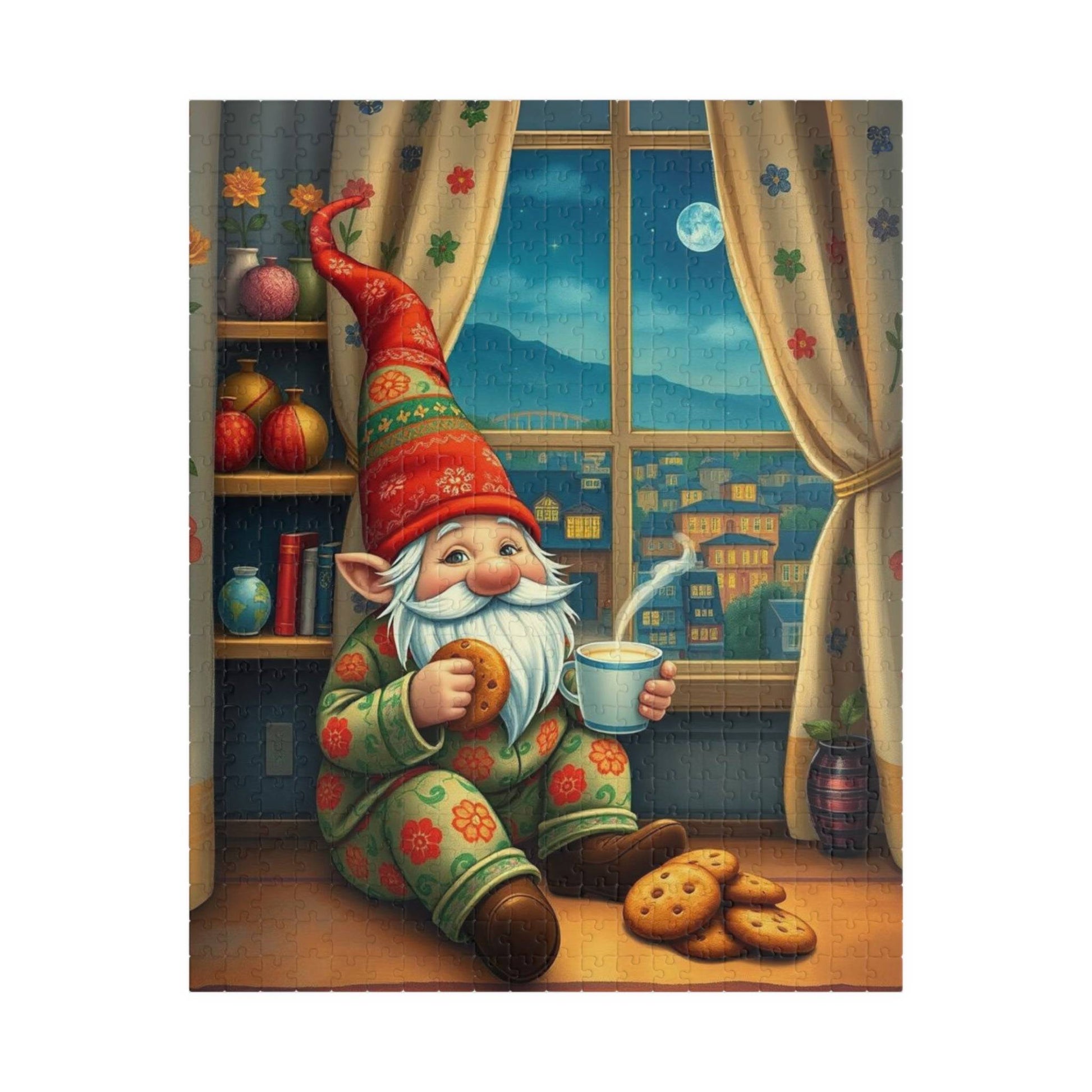 Gnome at Midnight Snack – Milk and Cookies Folk Art Jigsaw Puzzle Puzzle The Puzzle Chest