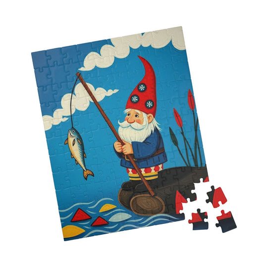 Nordic Gnome Fishing Dockside Jigsaw Puzzle – Scandinavian Folk Art Illustration 110 pcs (Vertical) Puzzle The Puzzle Chest
