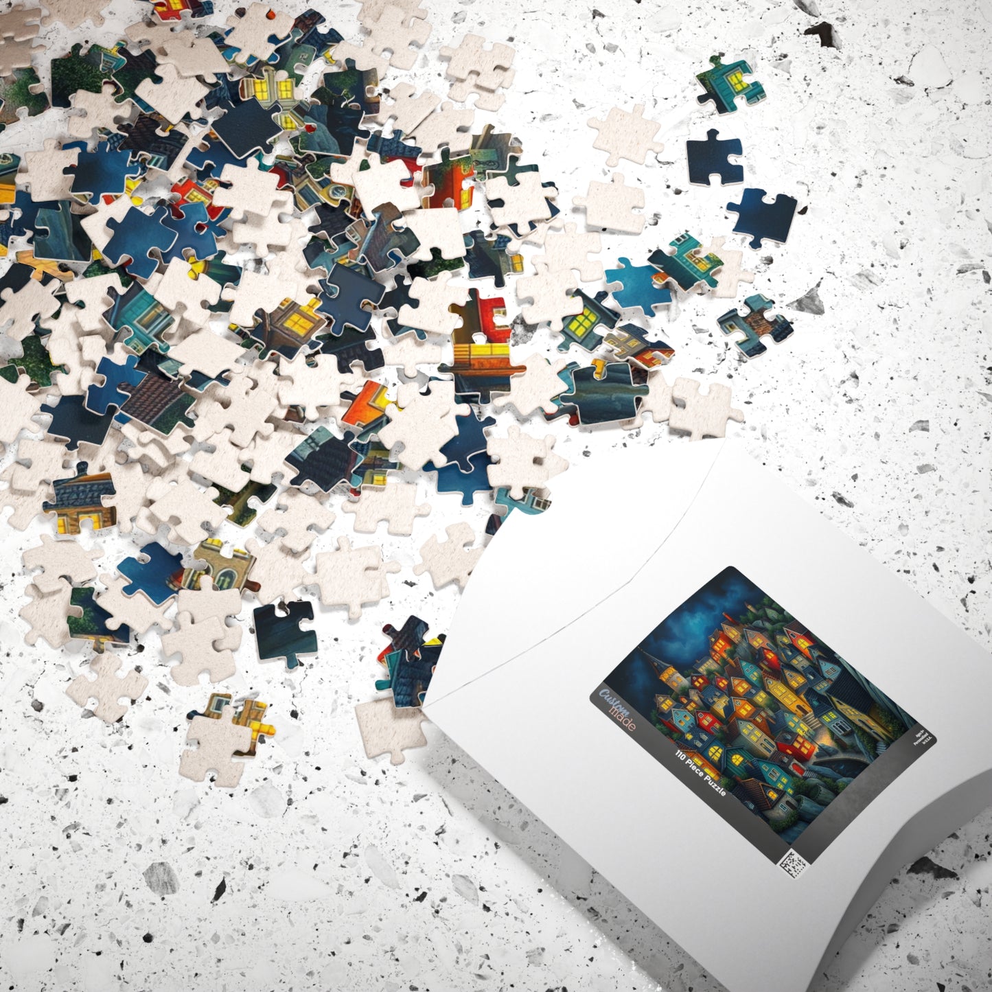 Village Puzzle at Night with Colorful Houses and Glowing Windows, Nighttime Adult Jigsaw Game, Bioluminescent Town The Puzzle Chest