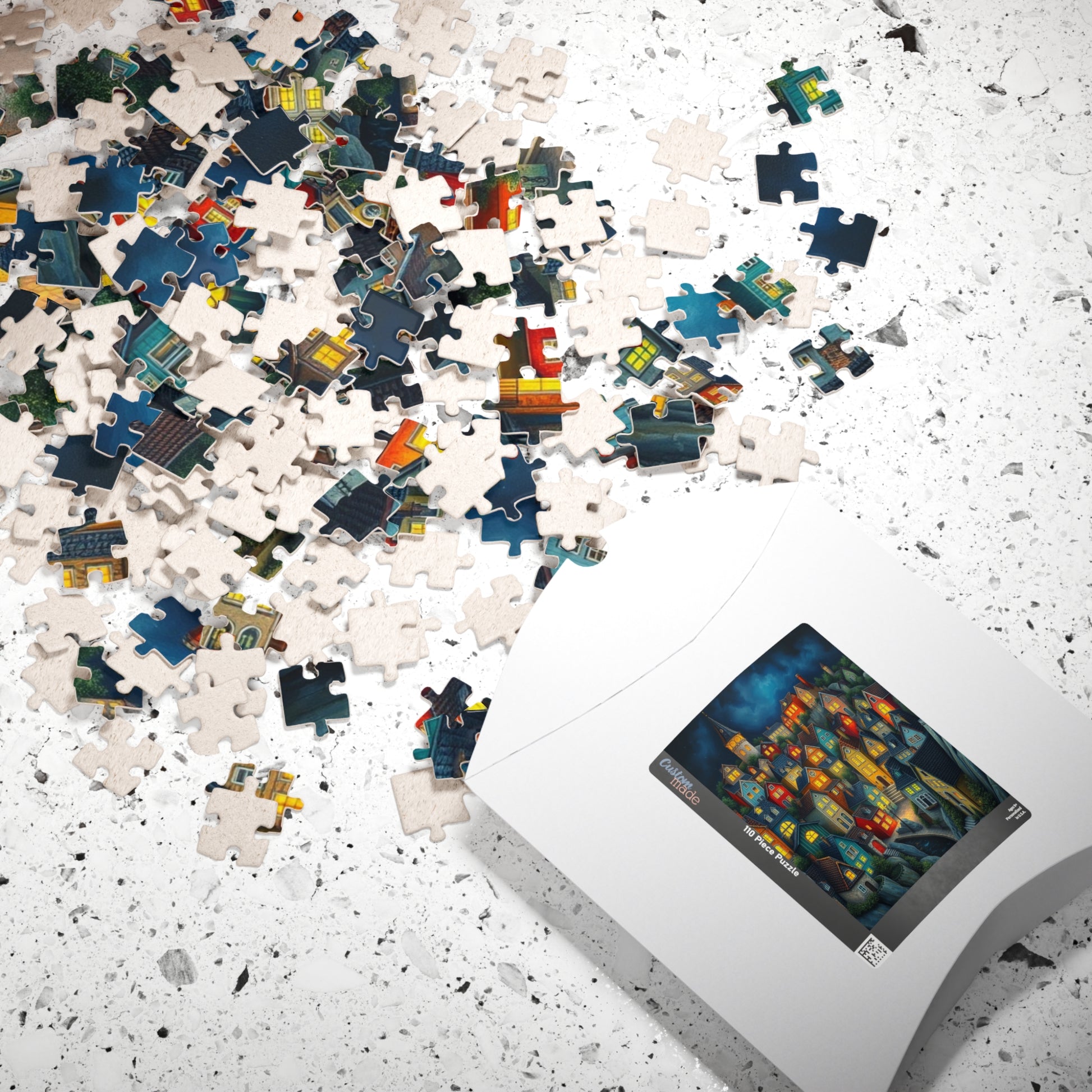 Village Puzzle at Night with Colorful Houses and Glowing Windows, Nighttime Adult Jigsaw Game, Bioluminescent Town The Puzzle Chest