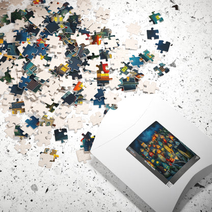 Village Puzzle at Night with Colorful Houses and Glowing Windows, Nighttime Adult Jigsaw Game, Bioluminescent Town The Puzzle Chest