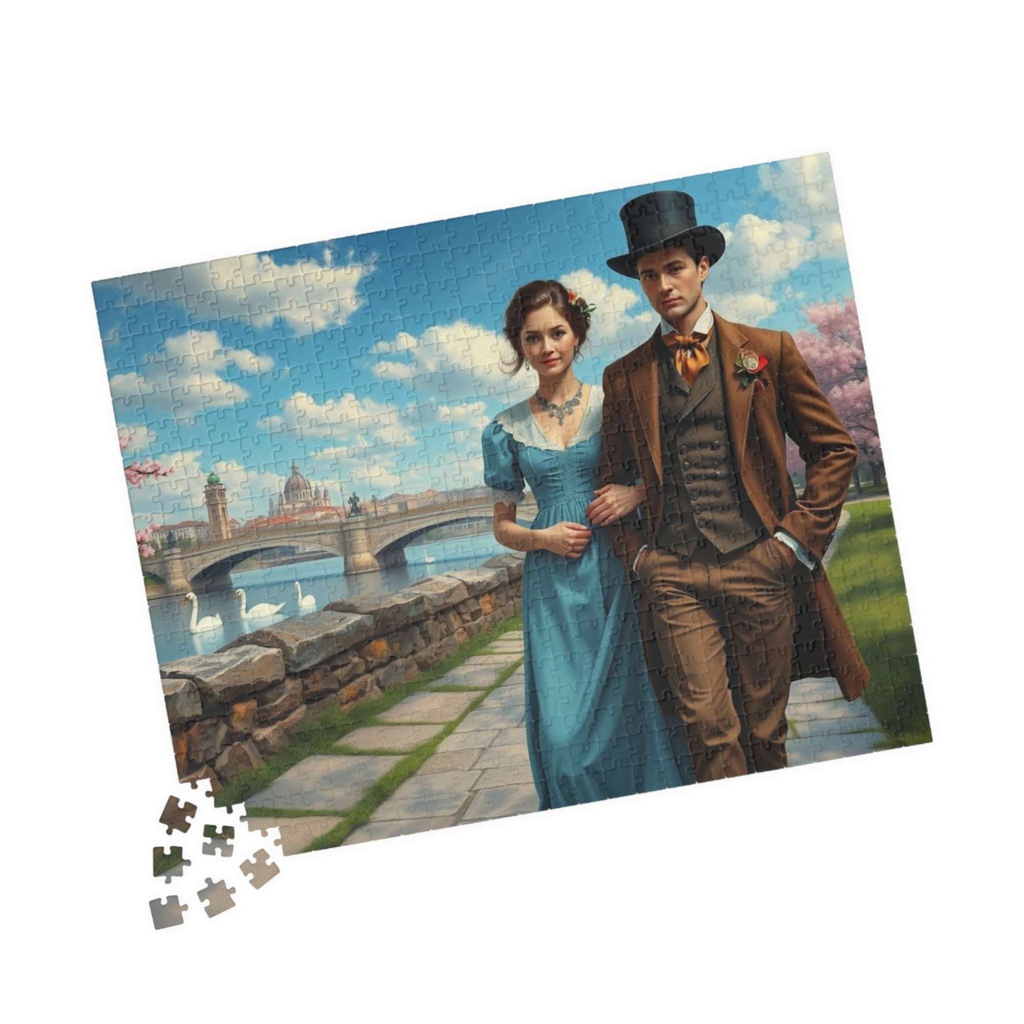Romantic Stroll by the River - 19th Century Victorian Couple Jigsaw Puzzle with Blossoms, Bridge, and Swans 520 pcs (Horizontal) Puzzle The Puzzle Chest