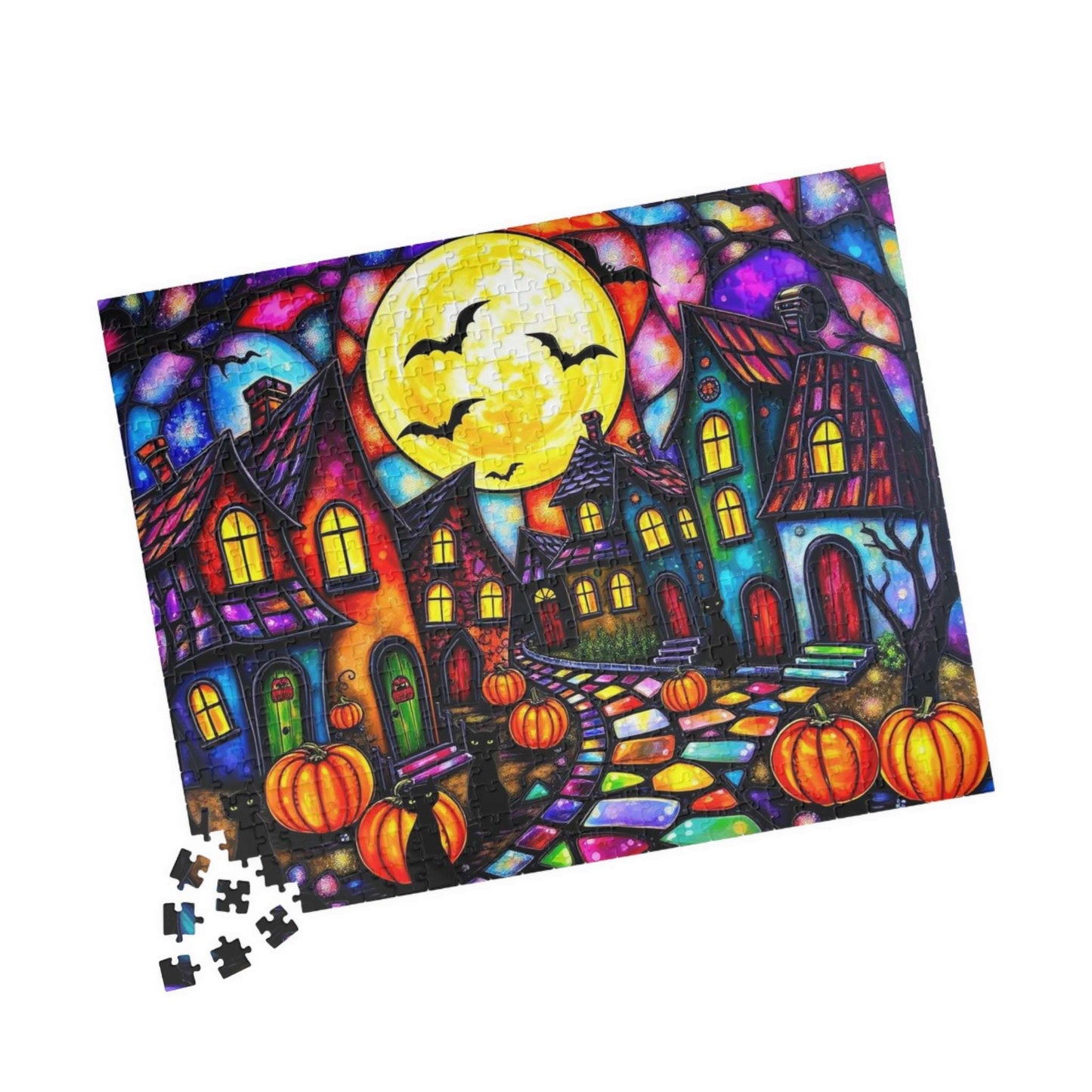 Spooky Night Village Jigsaw Puzzle, Halloween Themed Black Cat Puzzle Stained Glass Style