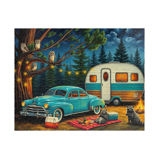 Curious Campers Retreat Jigsaw Puzzle - Vintage Car Nature Scene, Outdoor Adventure Home Decor, Family Game Night, Gift for Nature Lovers 252 pcs (Horizontal) Puzzle The Puzzle Chest