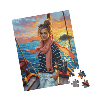 Jigsaw Puzzle, Woman on Sailboat Bow, 110 252 520 1014 Piece, Navy Striped Shirt, White Pants, Blonde Hair, Messy Bun, Fair-skinned Lady, Puzzle The Puzzle Chest