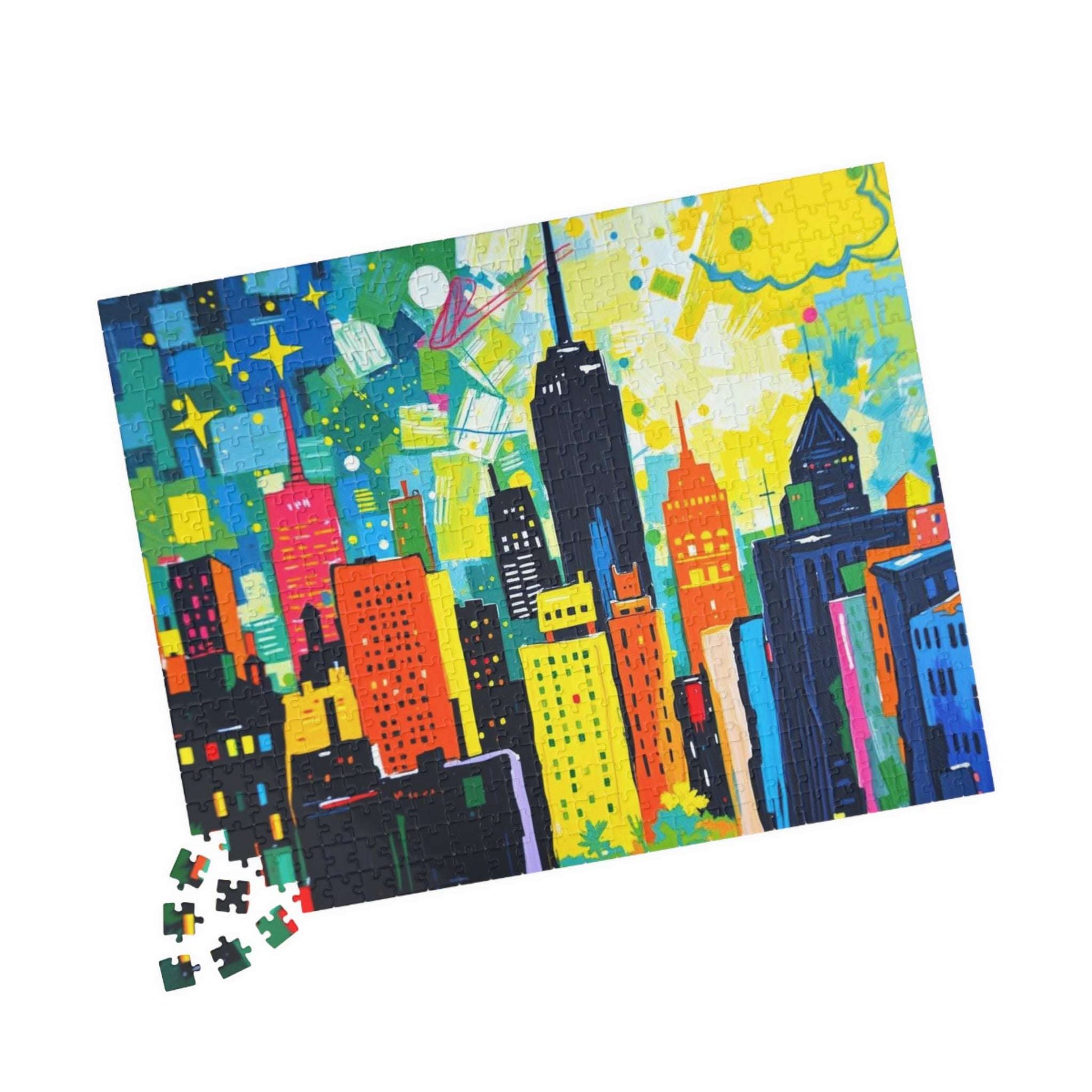 Skyscraper Splendor Jigsaw Puzzle - Vibrant Urban Glow Cityscape Puzzle for Adults