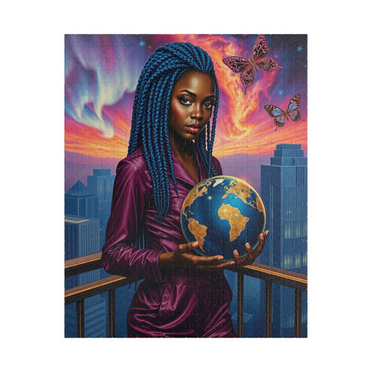 Futuristic Afrocentric Jigsaw Puzzle, Black Woman Holding Globe, Unique Motivational Puzzle Lover Gift, Family Activity, Mindfulness Fun 520 pcs (Vertical) Puzzle The Puzzle Chest