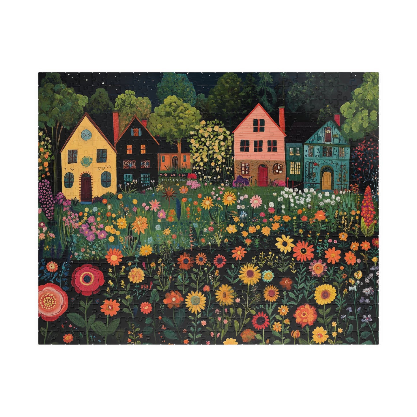 Whimsical Floral Village Jigsaw Puzzle - Moonlit Cottage Scene Puzzle The Puzzle Chest