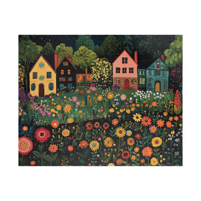 Whimsical Floral Village Jigsaw Puzzle - Moonlit Cottage Scene Puzzle The Puzzle Chest