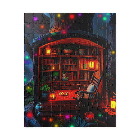 Bioluminescent Gnome Home Puzzle, Enchanted Fantasy Cozy Lantern-Lit Oak Tree Trunk House Jigsaw Game, Perfect for Puzzle Lovers Enthusiasts 110 pcs (Vertical) Puzzle The Puzzle Chest