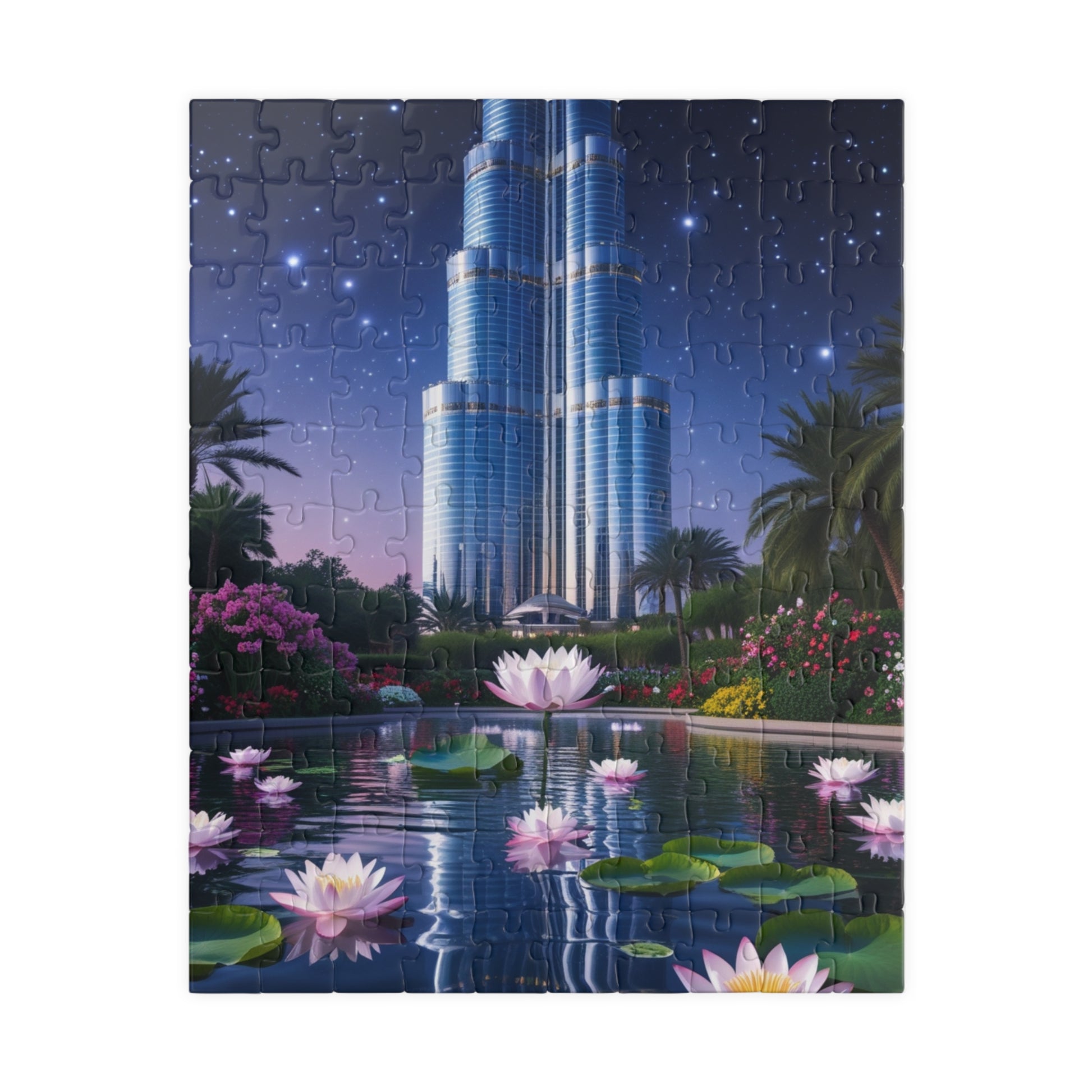 Burj Khalifa Reflections Jigsaw Puzzle, Dubai Skyline Lotus Water Lily Night Garden Landscape, Best Gift for Traveler Art Lover, Hobbyist 110 pcs (Vertical) Puzzle The Puzzle Chest