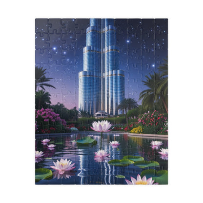 Burj Khalifa Reflections Jigsaw Puzzle, Dubai Skyline Lotus Water Lily Night Garden Landscape, Best Gift for Traveler Art Lover, Hobbyist 110 pcs (Vertical) Puzzle The Puzzle Chest
