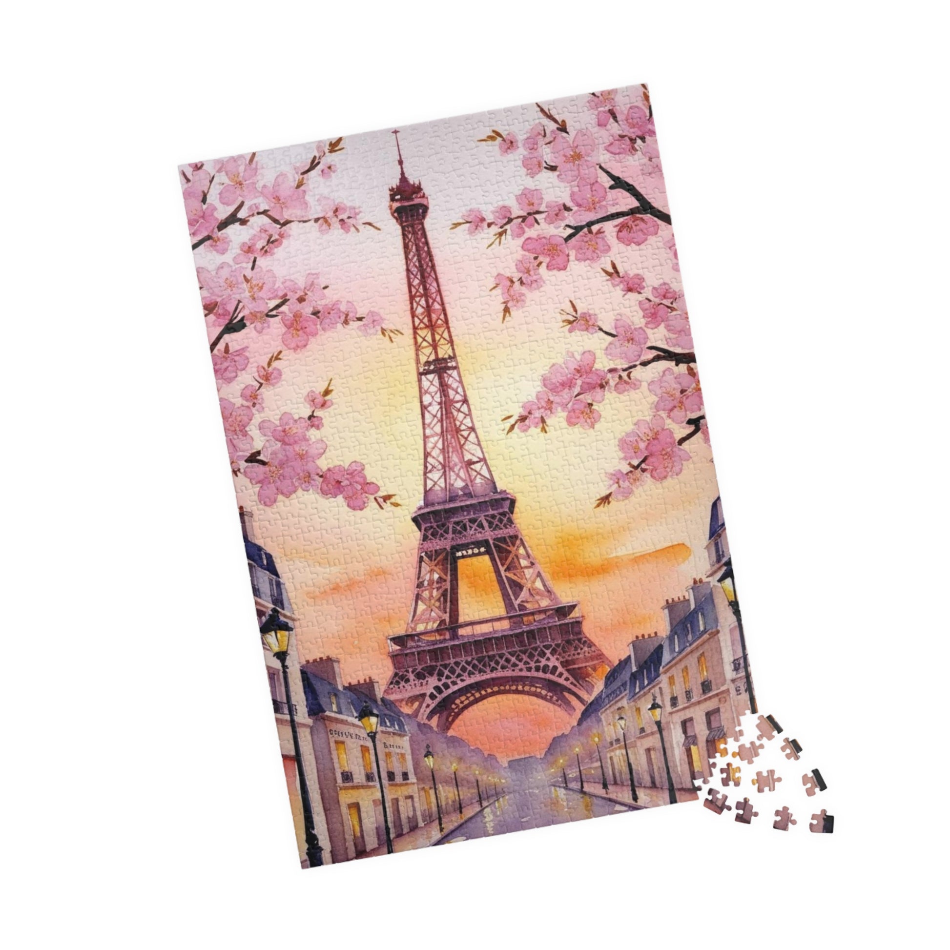 Eiffel Tower Sunset Jigsaw Puzzle, Famous Monument Game, Cherry Blossom Landscape Art, Parisian Streetlights, Relaxing Adult Hobby Activity Puzzle The Puzzle Chest