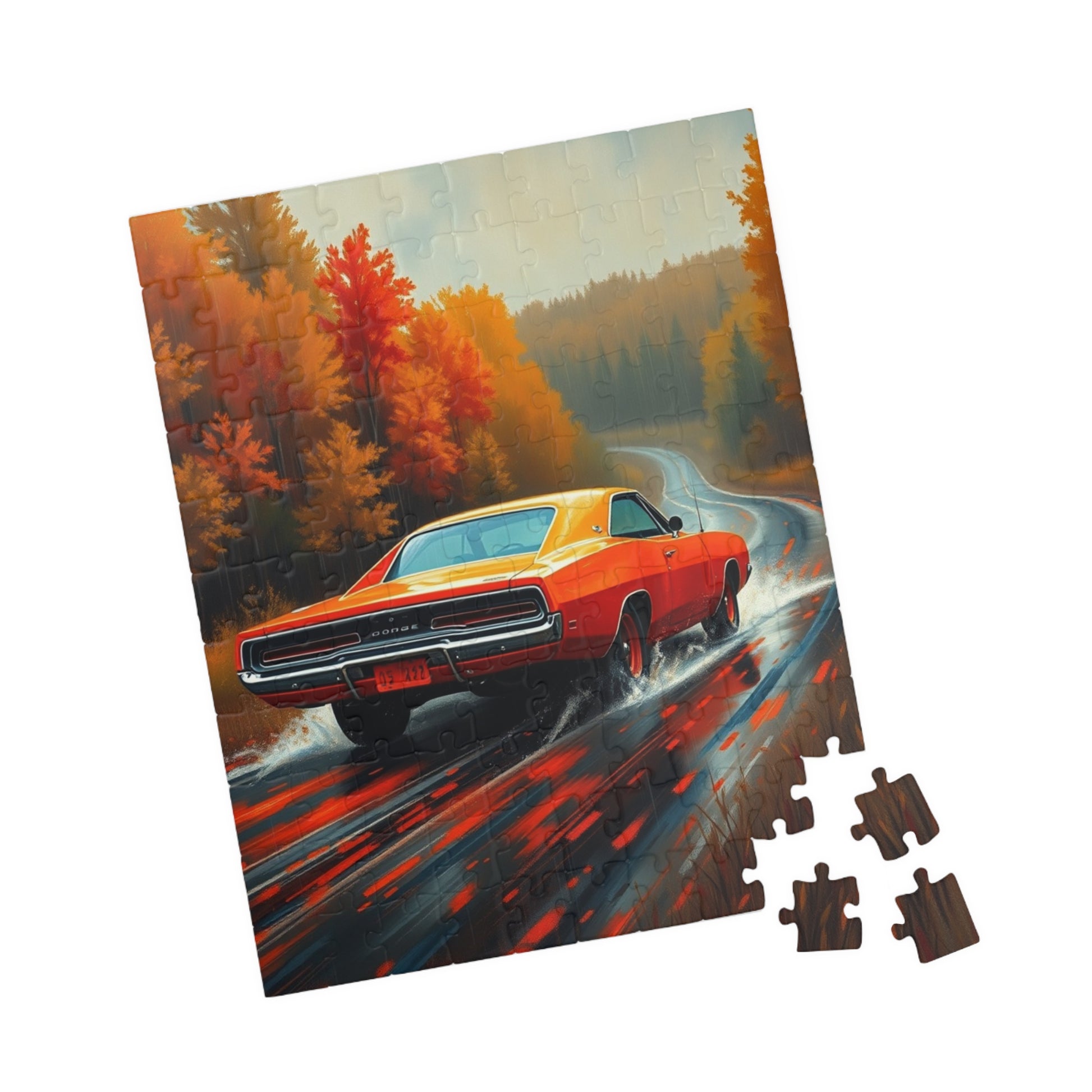 Vintage Car Puzzle - Classic 1969 Charger, Autumn Road Trip Scene Puzzle The Puzzle Chest
