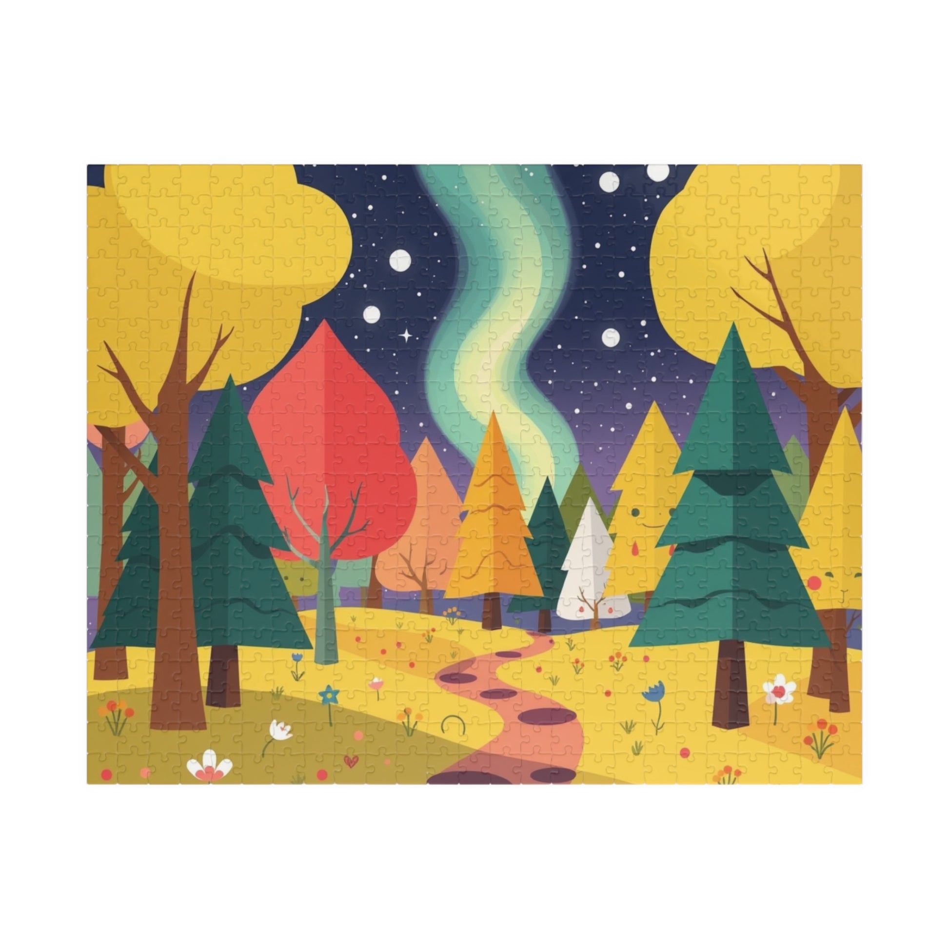 Magical Forest Landscape Jigsaw Puzzle - Abstract Geometric Trees in Bold Bright Colors 520 pcs (Horizontal) Puzzle The Puzzle Chest