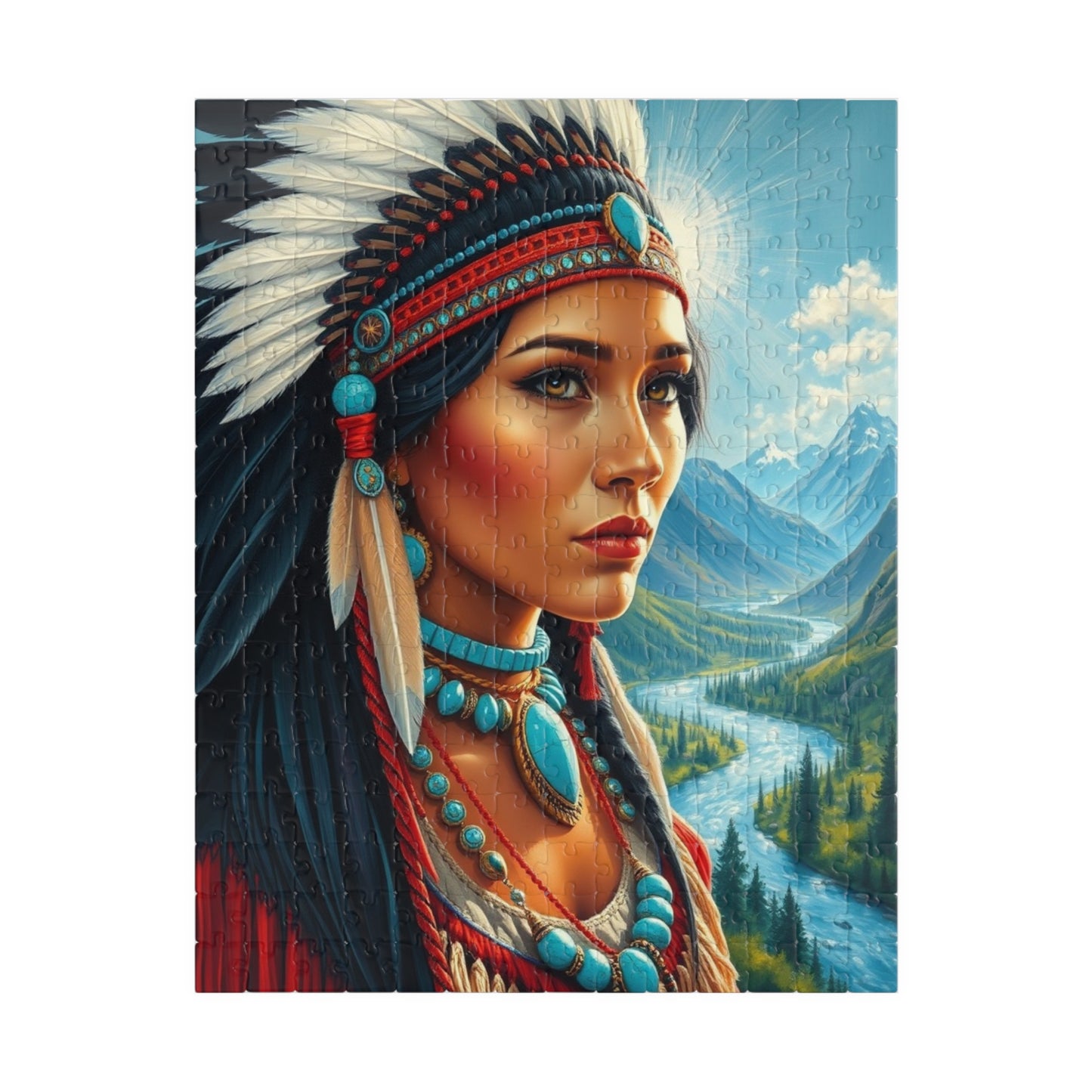Puzzle, Indigenous Bride with Dark Eyes and Tan Skin, Buckskin Dress, Turquoise Necklace, Feather Headdress Natural Landscape, Mountains, 252 pcs (Vertical) Puzzle The Puzzle Chest