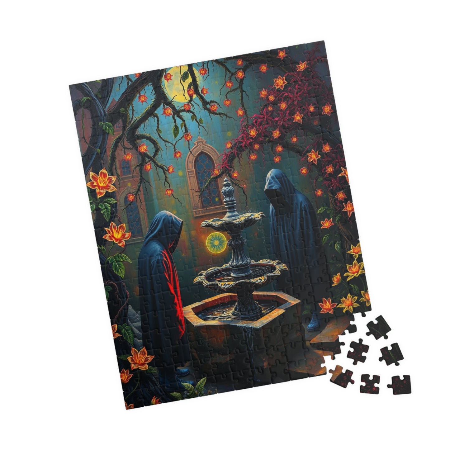 Ghostly Gothic Garden Puzzle, Dark Fantasy Scene with Glowing Flowers and Hooded Figures, Quiet Leisure Staycation Activity for Puzzle Lover Puzzle The Puzzle Chest